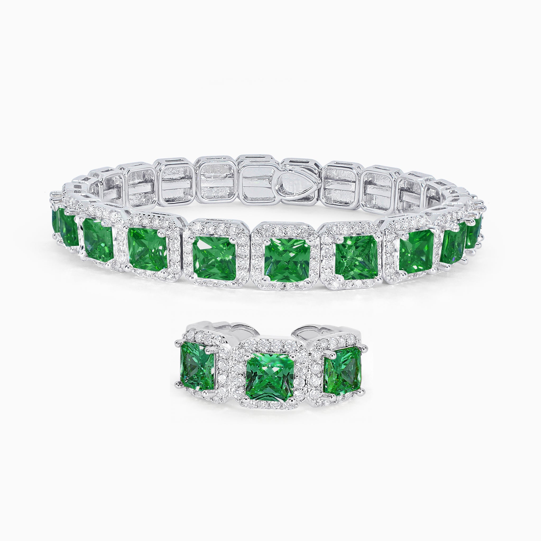 Princess Cut Bracelet & Ring Set - Emerald Green